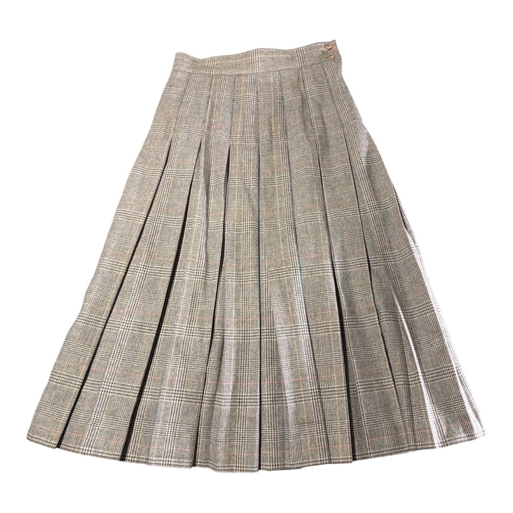 Vintage Chaus Gray Glen Plaid Pleated Wool Blend Midi Skirt Womens 12 Academic